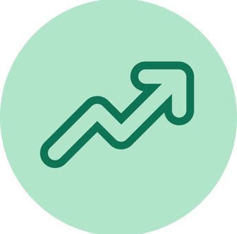 Icon of an upward trending arrow, symbolising growth, progress, or motivation, depicted in green on a mint green circular background.